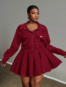Slaydiva Camisa de manga larga ajustada de unicolor, conjunto de 2 piezas de camisa y falda de pana con bolsillo acanalado de talla grande - Verde - Conjunto de color burdeos para mujer - Rojo - Ver 6