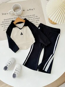SHEIN 2pcs Baby Girl Colorblock Casual Polo Collar Long Sleeve T-Shirt And Elastic Waist Pants Set - Black and White - View 7