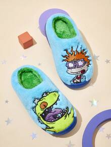 Nick 90s | SHEIN 可爱刺绣卡通男童蓝色儿童防滑室内拖鞋，适合幼儿和儿童，柔软毛绒保暖冬季家居鞋，轻便耐用EVA鞋底，适用于家庭卧室空调房，春、秋、冬季穿着，恐龙图案，不对称设计 - 藍色 - 查看 7