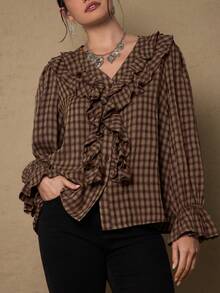 Freevana Áo sơ mi dài tay họa tiết hoa voan cỡ lớn cho nữ, áo cánh dài tay họa tiết hoa Bohemian, viền bèo nhún, hàng mới về đầu xuân - Nhiều màu - Xem 4