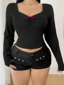 Vibekara Plus Size Ribbed Crew Neck Patchwork Lace Bow Ruffle Bust Cup Long Sleeve Bodycon Top - Red - View 6