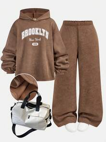 Girlism Teen Girl Letter Print Hooded Sweatshirt And Sweatpants Casual Suit, Brown - Brown - View 1