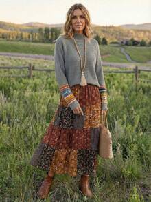 EMERY ROSE Geo Pattern High Neck Raglan Sleeve Sweater In Fall/Winter - Grey - View 3