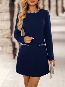SHEIN LUNE Women's Elegant Waist Cinched Patchwork Ribbon Trim Short Work Commute Dress Valentine Outfits For Women - Navy Blue - View 6