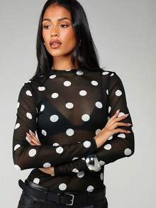 MISSGUIDED Polka Dot Mesh Long Sleeve Top With Mock Neck And Sheer Overlay For Fall Winter - Black and White - View 5