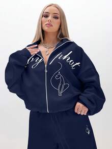 BABYPHAT Oversized Zip Up Sweatshirt With Script Print And Figure Design Fall Winter Casual Loungewear Sweatshirt - Navy Blue - View 4