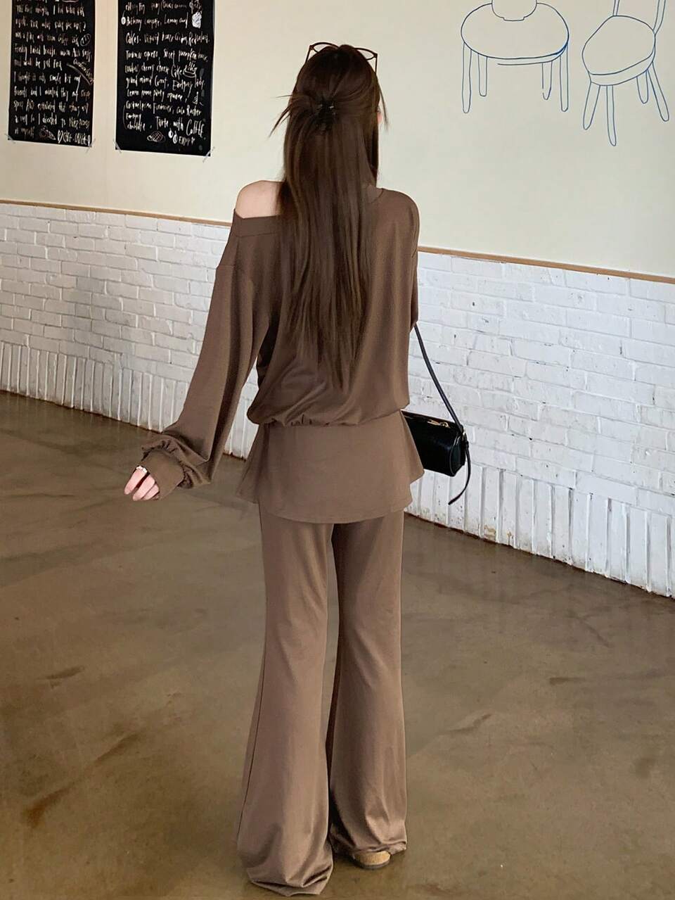 Women's Casual Off Shoulder Sweatshirt & Flare Pants 2 Pieces Set, Autumn/Winter Lounge Sets For Women
