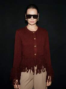 Lumivelle Cardigan à manches longues pour femmes, col rond, boucle métallique, franges, style décontracté - Rouge foncé - Voir 5