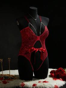 SpicyHot Plus Size Lace Sheer Twist Chain Decor Lingerie Lingerie Bodysuit Plus Size Plus Size Lingerie Sexy - Burgundy - View 6