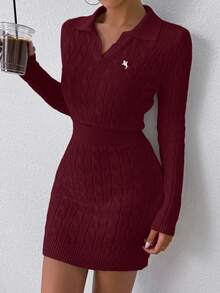 Rafferiza Pony Logo White Cable Knit Sweater, Embroidered Polo Collar Top, Fitted Sexy Dress - Burgundy - View 6