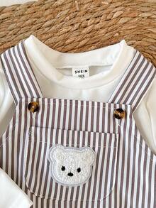 SHEIN 2pcs/Set Baby Boys Round Neck Long Sleeve White T-Shirt + Striped Bib Pants With Bear Embroidery And Pockets Bodysuit, Casual Retro Cute Outfit, Suitable For Spring/Autumn Outings Or Vacation - Black and White - View 5