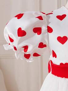 Glamorique Kids Valentine's Day Heart Print Mesh Patchwork Bow Decor Puff Sleeve Party Dress For Young Girls - White - View 6