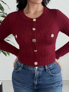 MDEdit Black Elegant Round Neck Metal Button Bell Sleeve T-Shirt, Autumn T-Shirt, Layer T-Shirt, Long Sleeve T-Shirt, Sexy Black Top, Costume For Women - Burgundy - View 6