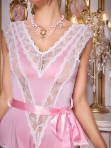 FairyFlirt Women's Lace Patchwork V-Neck Contrast Color Sleeveless Bodysuit - Pink - View 3