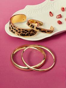 Glisma Bộ 2 vòng tay da PU họa tiết da báo & 2 vòng tay kim loại tối giản, bộ vòng tay xếp chồng cho nữ - Nhiều màu - Xem 3