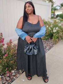 Truni Lacenleopard Plus Size Autumn/Winter Brown Corduroy Embroidery Slip Dress Maxi Gown Dress Midimid Length Dressblack Midi Dress, For Pear Triangle Body Shape - Black - View 3