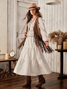 SHEIN Wildara 波西米亚风休闲乡村西部流苏无袖上衣，百搭基础款女装，适合所有季节 - 卡其色 - 查看 4