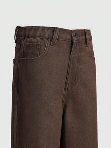SHEIN Explorewe Denimly 女童休闲简约学院风牛仔裤，松紧腰，拉链闭合，水洗牛仔七分裤 - 棕色 - 查看 5
