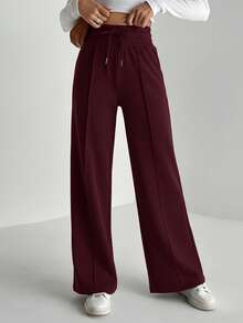 SHEIN Tall Quần thể thao nữ ống rộng màu đỏ tía, chất liệu vải dệt kim, kiểu dáng thường ngày, có dây rút và túi. - Màu Đỏ Sâu - Xem 4