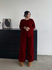 POPSWAY Bộ quần ống rộng thoải mái đa năng và áo len dài tay mềm mại, tôn dáng - Đỏ - Xem 4