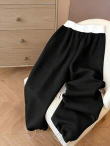 Resyla 女士撞色刺绣抽绳腰休闲宽松运动裤 - 黑色 - 查看 2