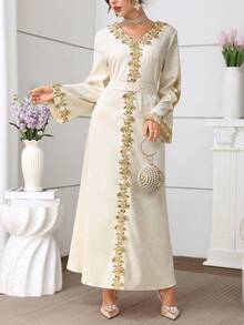 Al Najma 新款女士迪拜中东正式礼服，刺绣凸纹图案，奢华水钻长袍，优雅高贵 - 杏色 - 查看 7