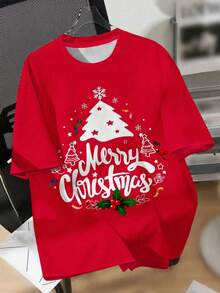 Camiseta para niño estilo festivo navideño tejido sintético color sólido estampado árbol de Navidad letras ajuste holgado cuello redondo manga corta primavera verano celebración camiseta - Rojo - Ver 2