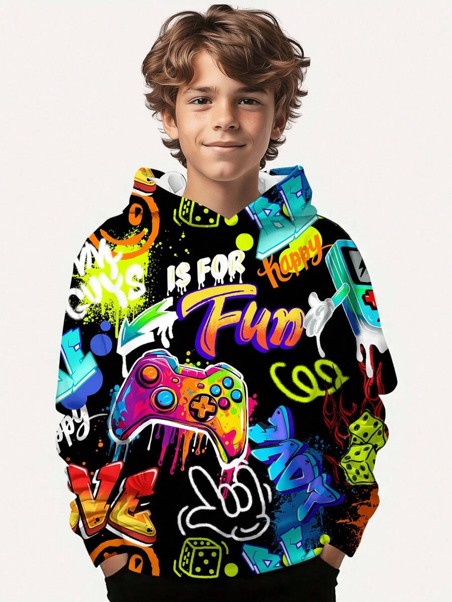 SHEIN Tween Boy Casual Minimalist Style Graffiti Handpainted Cartoon Game Console English Letter Sports Street Style Y2K Loose Comfortable Long Sleeve Hoodie, Suitable For Autumn/Winter Fall