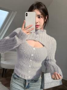 DAZY 纯色纽扣前开襟蓬松针织毛衣，长袖上衣，秋季女装