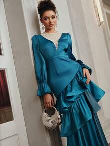 Anewsta New Elegant Vintage Contrast Lace Fishtail Hem Maxi Dress - Royal Blue - View 3