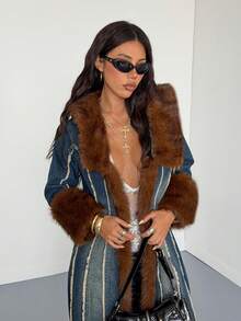 StreetHx Women's Long Sleeve Fur Collar Frayed Hem Long Denim Jacket - Blue - View 4