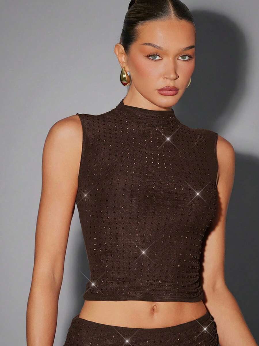 Hauture Áo ba lỗ lưới hai lớp đính đá giả cổ màu đỏ Burgundy gợi cảm cho bữa tiệc mùa hè - màu nâu - Xem 1