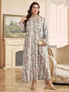Al Najma Plus Size Women Floral Print Mesh Patchwork Stand Collar Long Sleeve Arabic Style Dress - Multicolor - View 3