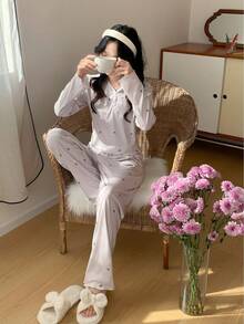 SHEIN 2件套少女柔软舒适弹力腰V领爱心图案休闲家居服套装，薰衣草色 - 粉色 - 查看 4