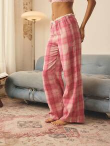 Aralina Sleepwear Women's Plaid Print Lace Trim Detail Elastic Waistband Flannel Wide Leg Pajama Pants With Matching Makeup Bag , Christmas Pajamas - Multicolor - View 4