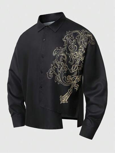 Street Life Camisa casual de manga larga con botones delanteros negra para hombre