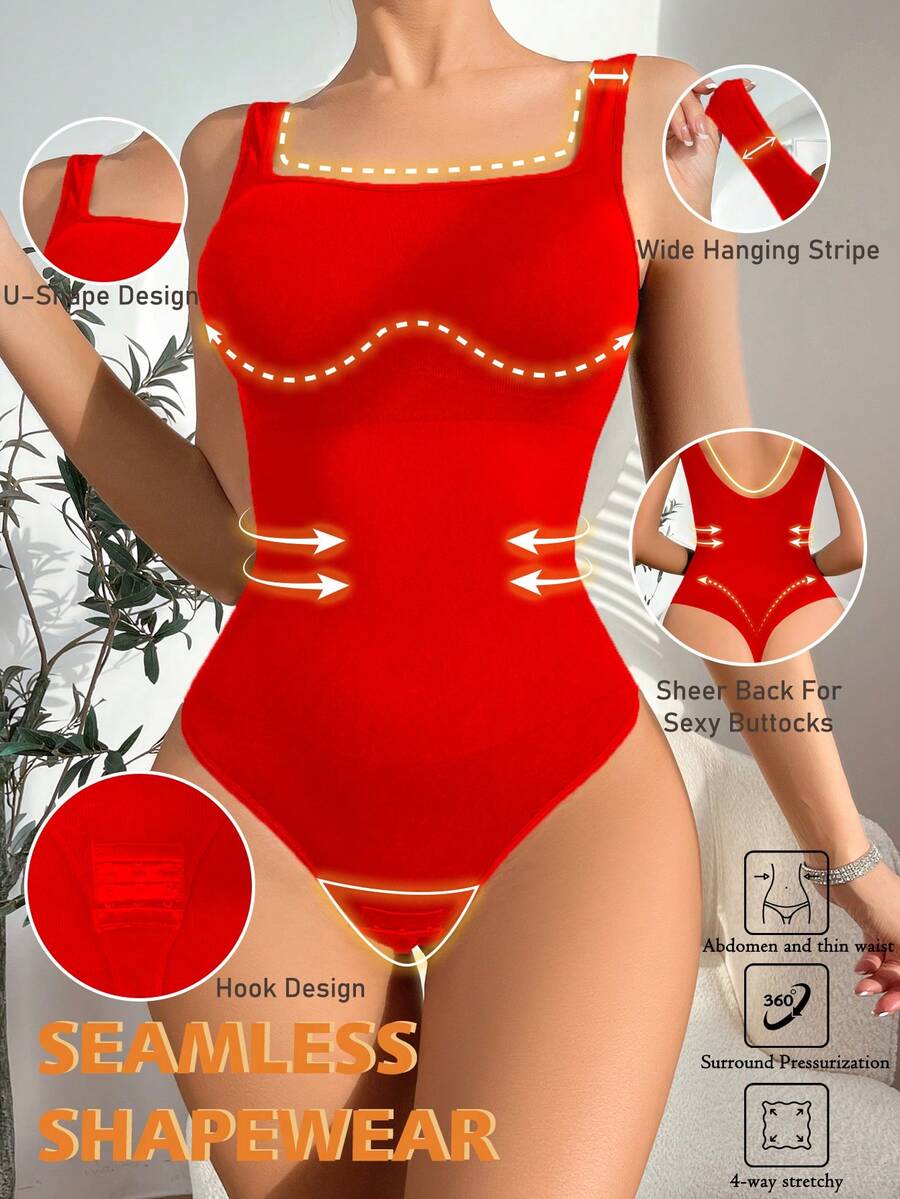 SHEIN 1 件女式无缝塑身吊带背心，内置吊袜带，收腹一体式内衣 - 紅色 - 查看 1