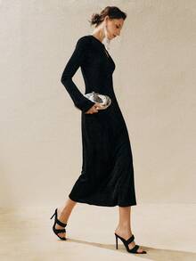 Arave Damen glänzendes elastisches Stoff X-förmiges Taille Cut Out Rücken Quasten Design elegantes Abendkleid - Schwarz - Übersicht 4