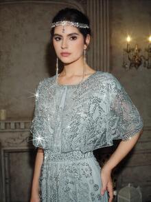 Anewsta Elegant & Fashionable Beaded & Sequin Embellished Waist Cinched Long Party Dress, Spring/Summer - Gray green - View 5