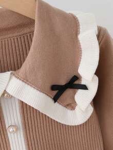 Souflis Souflis Girls' Collared Sweater Dress,Bow Decor Long Sleeve Knit Dress,White Peter Pan Collar School Girl Academic Style,Back-To-School Toddler Autumn Dress - Khaki - View 6