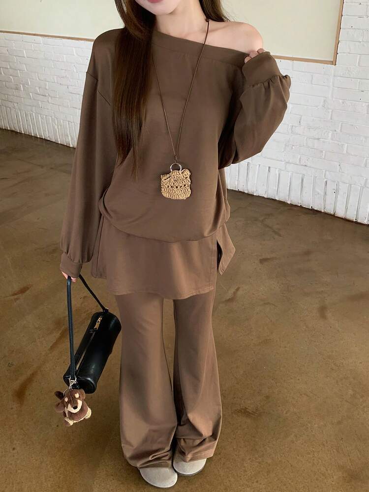 Women's Casual Off Shoulder Sweatshirt & Flare Pants 2 Pieces Set, Autumn/Winter