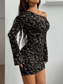 Coolane Women's Winter New Year Eve Date Night Concert Outfit Y2K Party Rib Knit Graphics Leopard Ruched Asymmetrical Neck Slim Fit Mini Dress For Elegant - Apricot - View 3