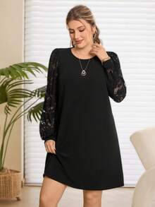 Rosumi Plus Size Solid Color Round Neck Elegant Long Sleeve Dress   Dress  Casual Dress For Women  Floral Dress  New Year Dress Women's New Year's Eve Dresses  Party Dress  Plus Size Black Elegant Dress Black Dress Plus Size Elegant Dress,Spring/Summer/Vacation - Black - View 1