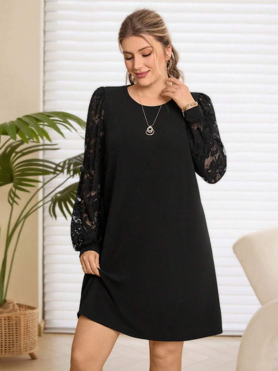 Rosumi Plus Size Solid Color Round Neck Elegant Long Sleeve Dress   Dress  Casual Dress For Women  Floral Dress  New Year Dress Women's New Year's Eve Dresses  Party Dress  Plus Size Black Elegant Dress Black Dress Plus Size Elegant Dress,Spring/Summer/Vacation - Black - View 1