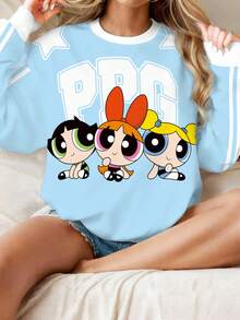 THE POWERPUFF GIRLS X SHEIN Tween Girl Blossom, Bubbles, Buttercup Pattern Crew Neck Long Sleeve Sweatshirt - White - View 6