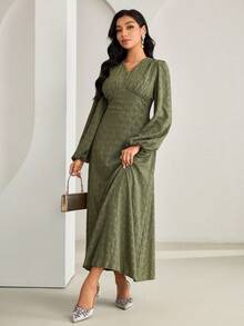 Veilorie Women's Elegant Party Solid Color Textured Lantern Sleeve Arabic Style Dress