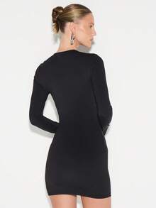 KIZN Long Sleeve Bodycon Mini Dress With Thumb Holes Crew Neck Fitted Black Stretchy Fall Winter - Black - View 2