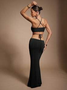 Hauture Abito da donna sexy con scollo a canottiera e taglio, con decorazione in pietra di marmo alla moda, adatto per feste e vacanze - nero - Visualizzare 2