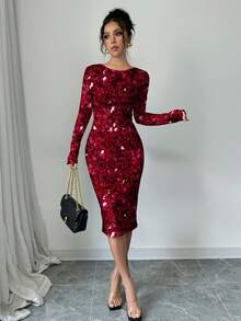 SHEIN Clasi Faux Sequins Beaded Red Sequin Print Women's Dress, Suitable For Autumn/Winter Everyday, Elegant, Christmas, New Year - Multicolor - View 3