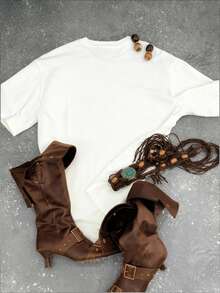 Glimmora Áo thun tay ngắn cổ tròn in chữ Guitar & Wing thường ngày - trắng - Xem 2